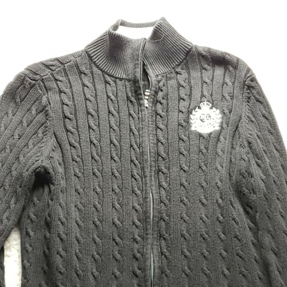 Lauren‎ Active Ralph Lauren Black Cable Knit Full Zip Crest Logo Sweater Large